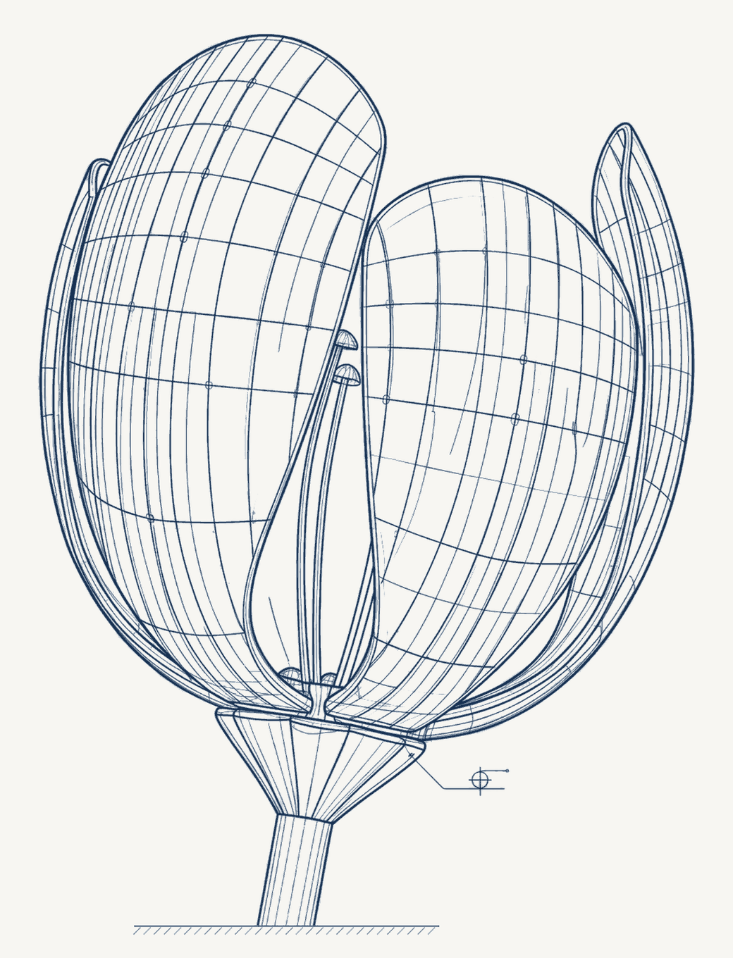 Blueprint drawing of a tall metal flower seen from the side.